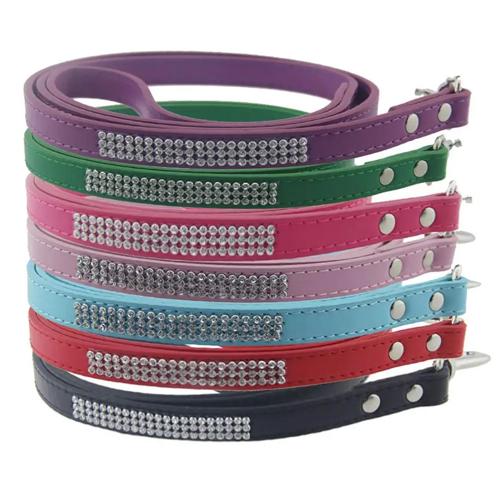 

TINGHAO New 115cm Long Faux Leather Dog Leash Bling Rhinestone Puppy Pet Walking Lead Rope