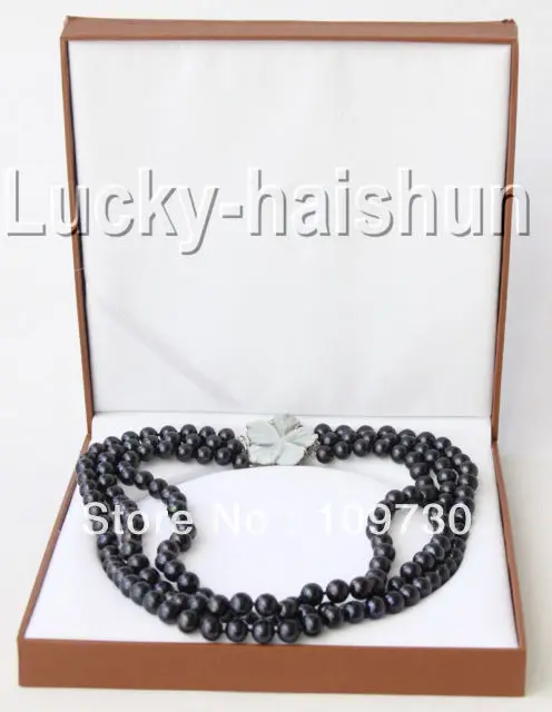 

Jewelry 001059 3row 10mm round black Freshwater pearl necklace sea shell clasp