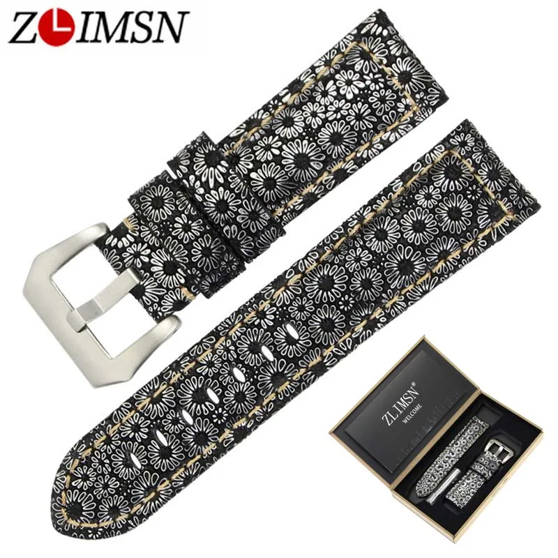 

ZLIMSN Genuiue Leather Retro Snowflake Lines Watch Band Suitable for Panerai Replacemeht 24 26mm Watchband 316L Steel Pin Buckle