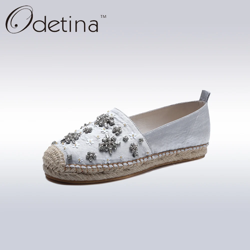 

Odetina Fashion Rhinestones Ladies Loafers Soft Genuine Leather Women Ballerina Flats 2017 Summer Women Espadrille Straw Shoes