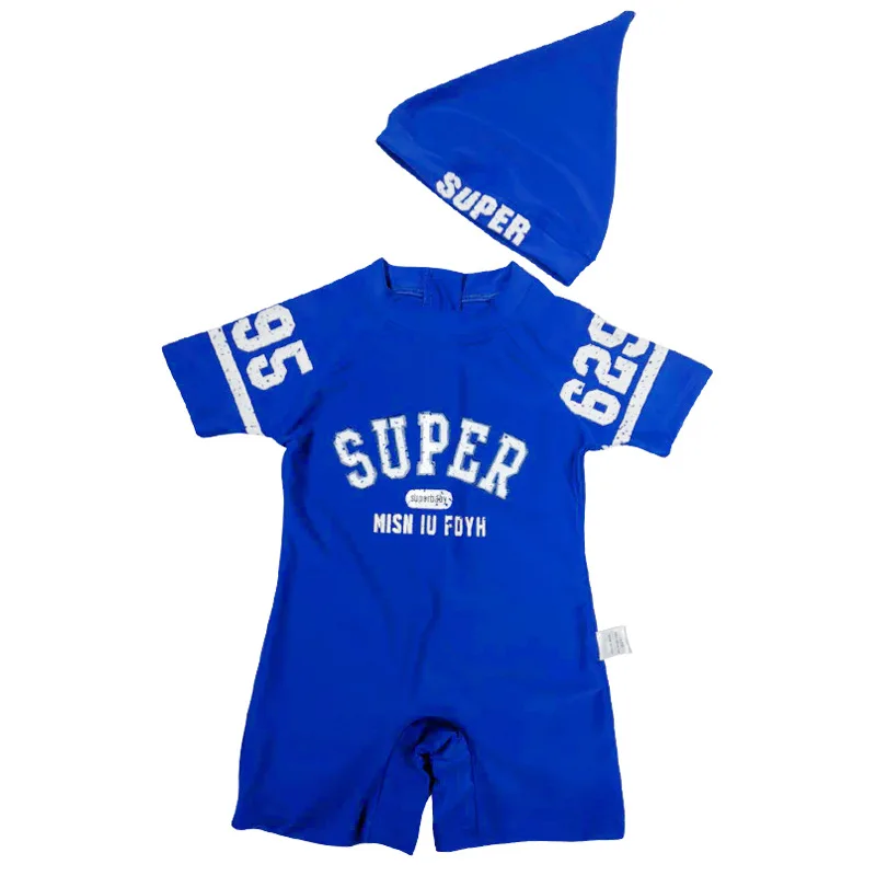 Summer Letter Printed Striped Boys Swimsuit Children Sets With Hat For 75-125cm