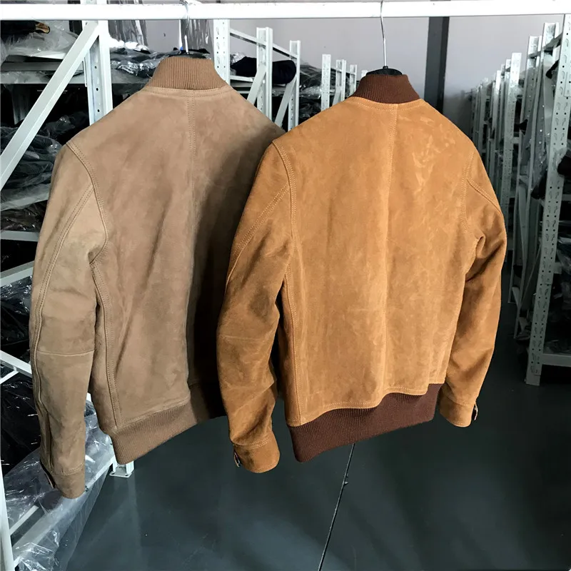 Vintage Cow Suede Jacket Men Genuine Leather Bomber Jackets Stand Collar Single Breasted Solid Pilot Coats Male Fashion Overcoat