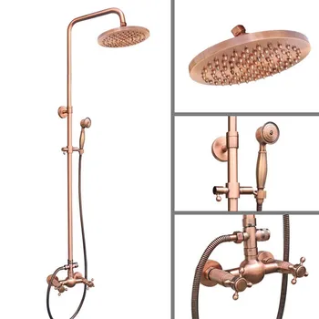 Antique Red Copper Brass Wall Mounted Bathroom Rain Shower Faucet Set Mixer Tap 8 Round Shower Head Dual Cross Handles arg523 wall mounted polished chrome round rain shower faucet tub mixer tap dual cross handles hand held shower head acy351