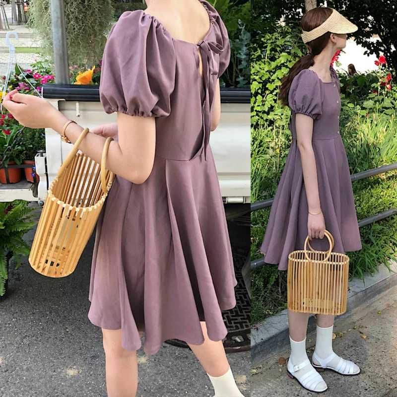 

Women Summer Mini Shirt Dress Puff Sleeve A- Line Vestidos Vintage Robe Femme Ete Square Neck Sukienki Sommerkleid Jurk