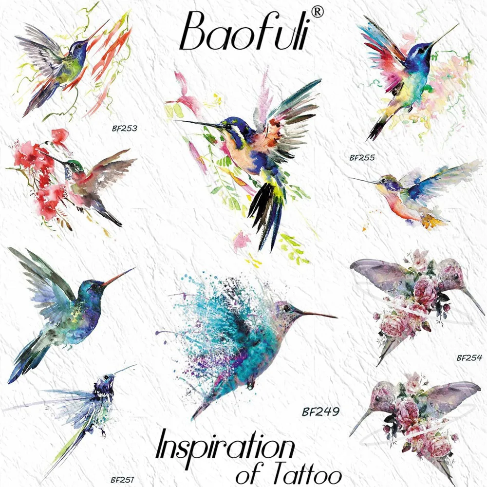 

BAOFULI Watercolor Hummingbird Branch Temporary Tattoo Sticker Women Body Art Tatoos Waterproof Arm Neck Flash Fake Tattoo Paper