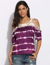 Women Purple Cotton Chiffon Cold Shoulder Half Sleeve Lace Patchwork T-shirt Top