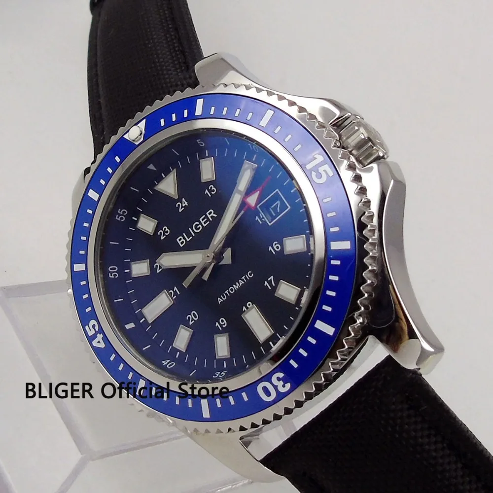 

BLIGER 44mm Blue Dial Blue Ceramic Bezel Luminous Marks Calendar Display SS Case Miyota Automatic Movement Men's Watch B72A