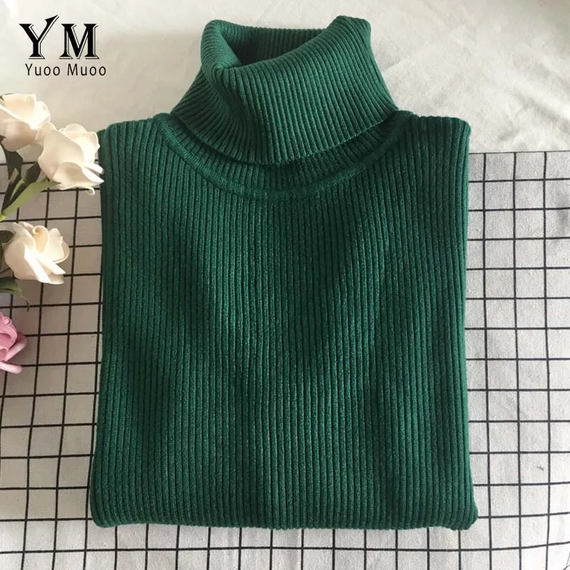 YuooMuoo, хорошее качество, удобный свитер с высоким воротом,, Женский пуловер в Корейском стиле, джемпер, зимний топ, вязаный свитер для женщин - Цвет: Зеленый