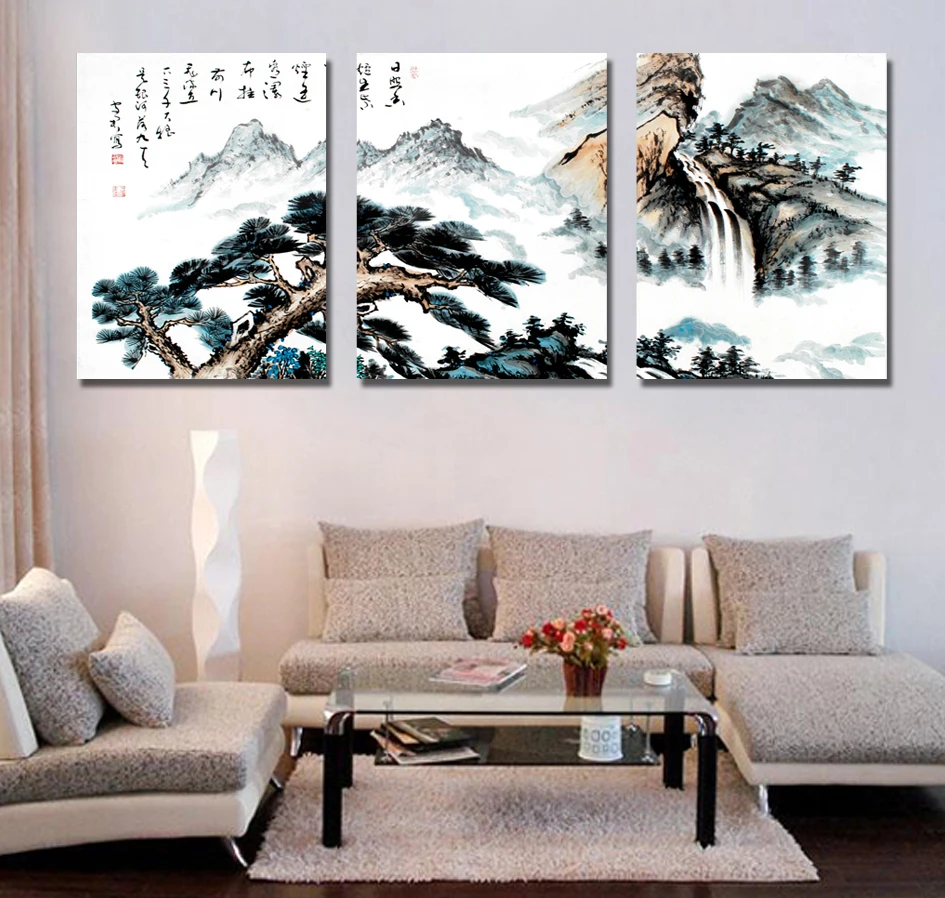 

3 Pieces Wall Art Chinese Mountain Trees Landscape Cuadros Decoracion Paintings On Canvas Living Room Home Decoration Pictures