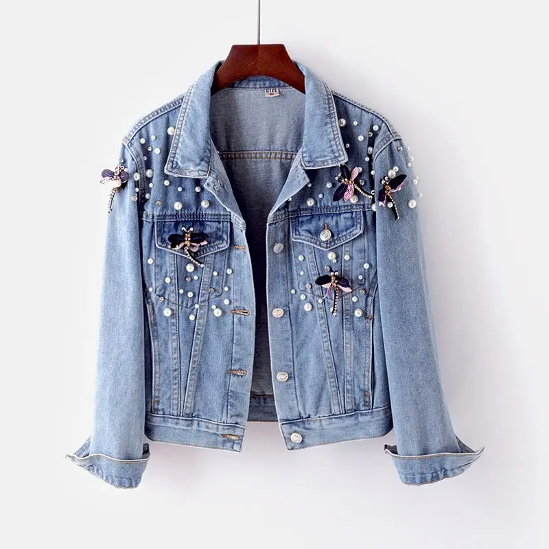 Amolapha Women Pearls Denim Jackets Long Sleeve Turn down Collar Woman ...