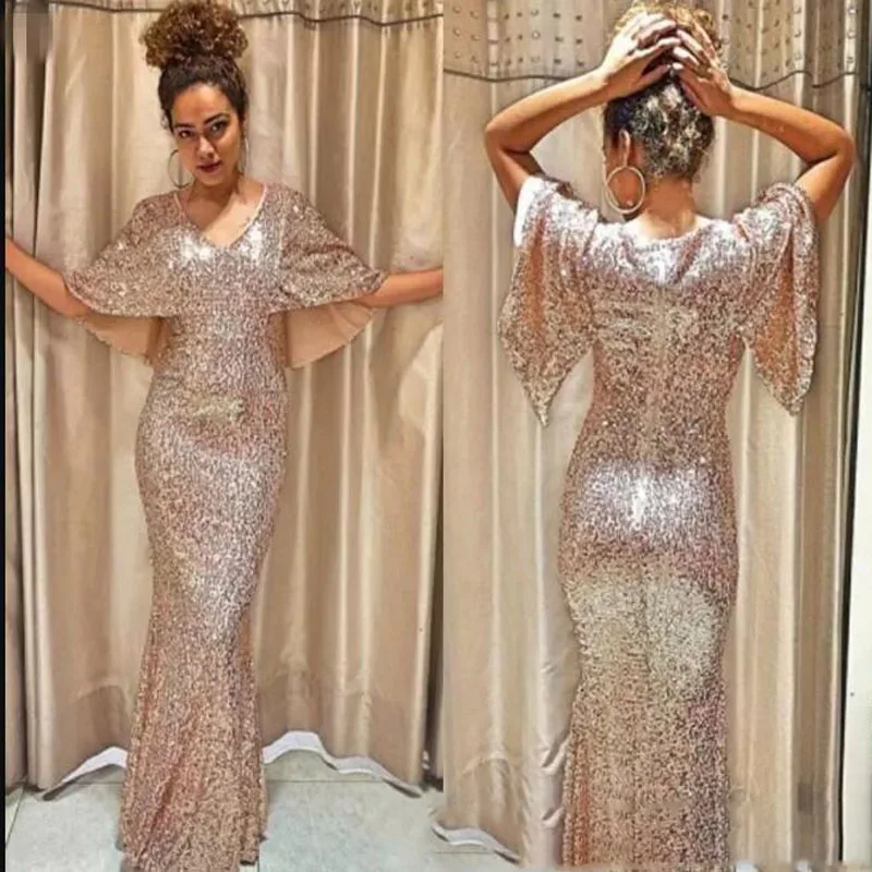 Sparkly Sequined Prom Dresses Sexy V Neck Cap Sleeve Mermaid Evening Gowns Floor Length Cheap Cocktail Formal Party Dress109