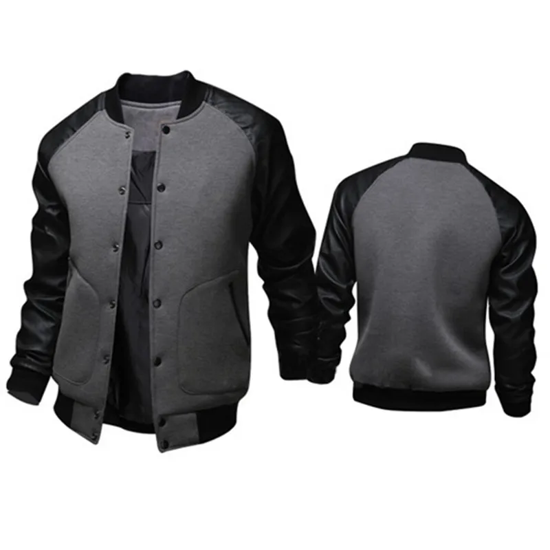 

Brand Leather sleeve stitching baseball jacket Spring autumn men Single-breasted PU bomber coat fashion Solid color outerwear