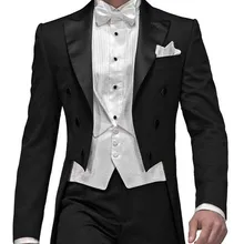 Изготовленный на заказ черный Фрак жениха Мужские свадебные костюмы(пиджак+ брюки+ жилет+ галстук-бабочка) NO: 046