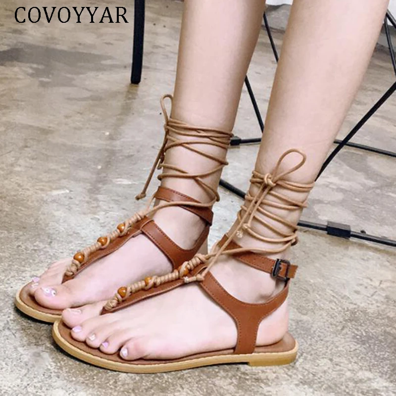 

COVOYYAR 2019 Gladiator Sandals Summer Women Shoes Lace Up Bohemian Thong Flat Beach Shoes Ankle Wrap Flip Flops WSS431