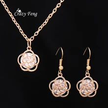 Elegant Luxury Gold Color Crystal Flower Necklace Earrings Jewelry Sets For Women Wedding Anniversary Gifts Accessories Sets