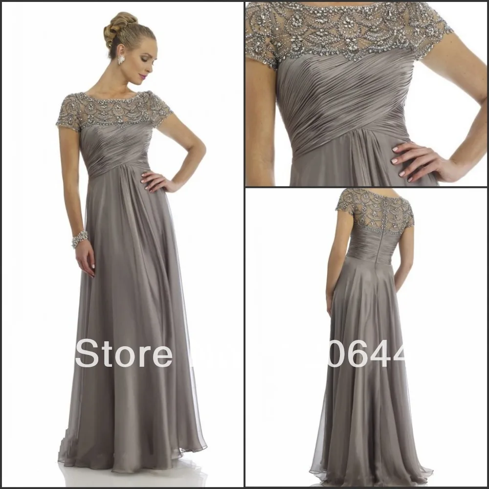 New Beautiful Beaded Sheer Chiffon Grey Ruching Short Sleeve Floor Length Mother Of the Bride Dress | Свадьбы и торжества