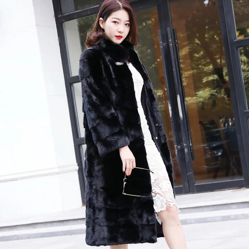 Длина 110 см, норковая шуба, куртка, воротник-стойка, тонкий пояс, зимняя женская меховая длинная верхняя одежда, пальто размера плюс, 3XL, LF5205