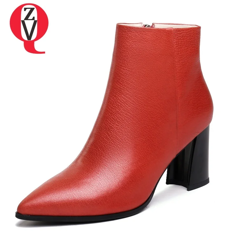 

ZVQ shoes women newest zipper high hoof heels genuine leather pointed toe black and red winter warm big size sexy ladies booties