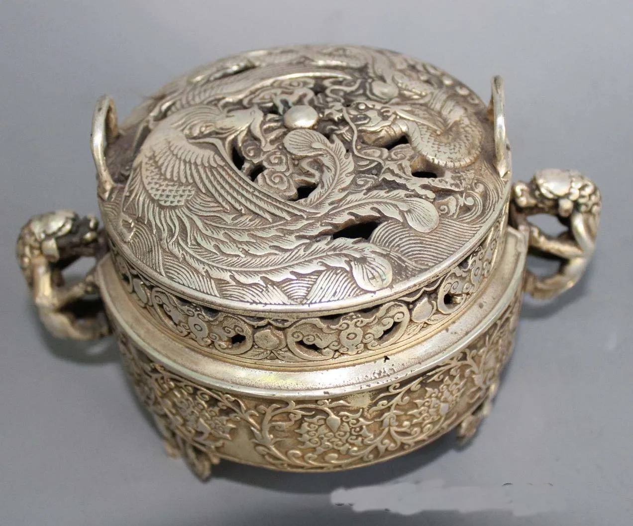 

Chinese Silver Exquisitely Loong Phoenix Smoked Flowers Incense Burner