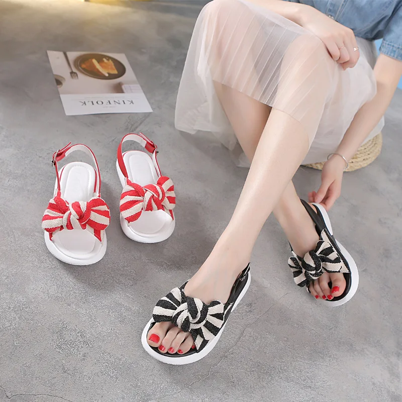 

2019 summer new fashion simple striped sandals women comfortable wild thick sole bow decorative sandals