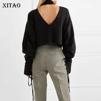 

XITAO Street High Waist Knitted Sweater Women Kroea Fashion Backless Drawstring Wild Joker Pullover V Neck Sheath WLD2277