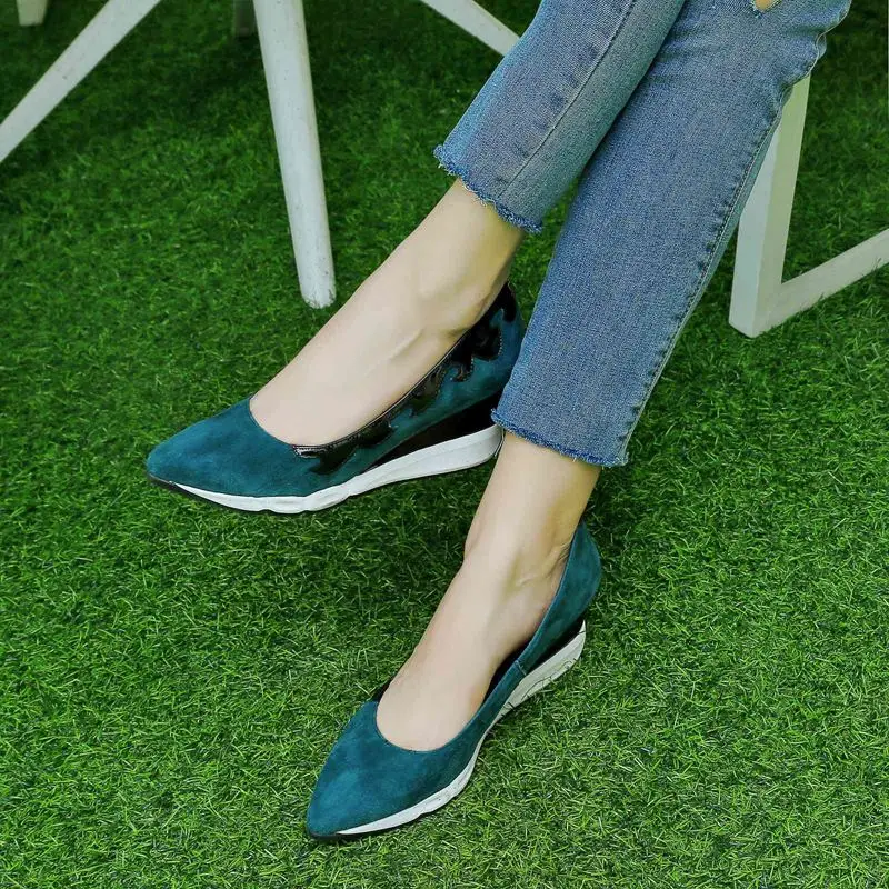 Pompes Plate Noir En Femmes Chaussures forme Bureau Ciel Dames Couleurs Allbitefo Compensées Printemps Des Mélangées Cuir pu Filles Véritable Talon TvqznWg1c