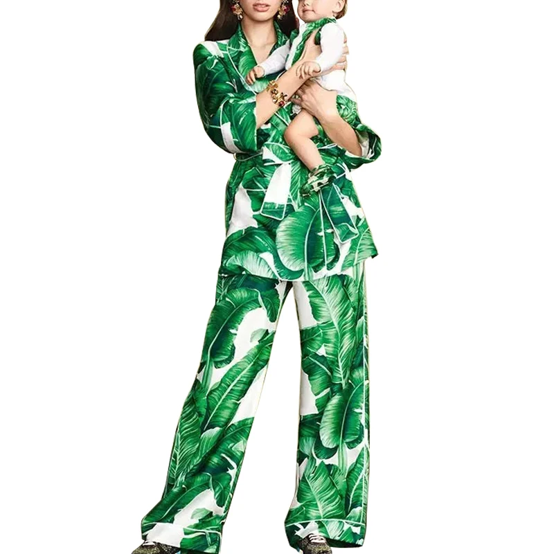 Runway 2018 autumn and winter new banana leaf print suit female suit collar pajamas coat jacket + straight pants two sets