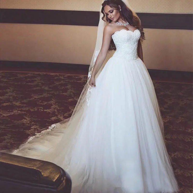 

Popular A-Line Strapless Wedding Dresses Sweep Train Tulle Bridal Gowns Vestido De Noiva 2019