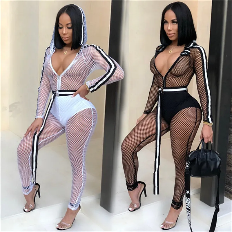 Fishing net Mesh Jumpsuits Women Long sleeve Hodded one