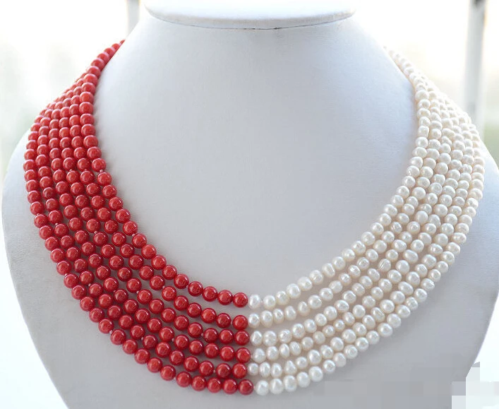 

Hot sale 6strands 6mm white round freshwater pearl red coral bead necklace