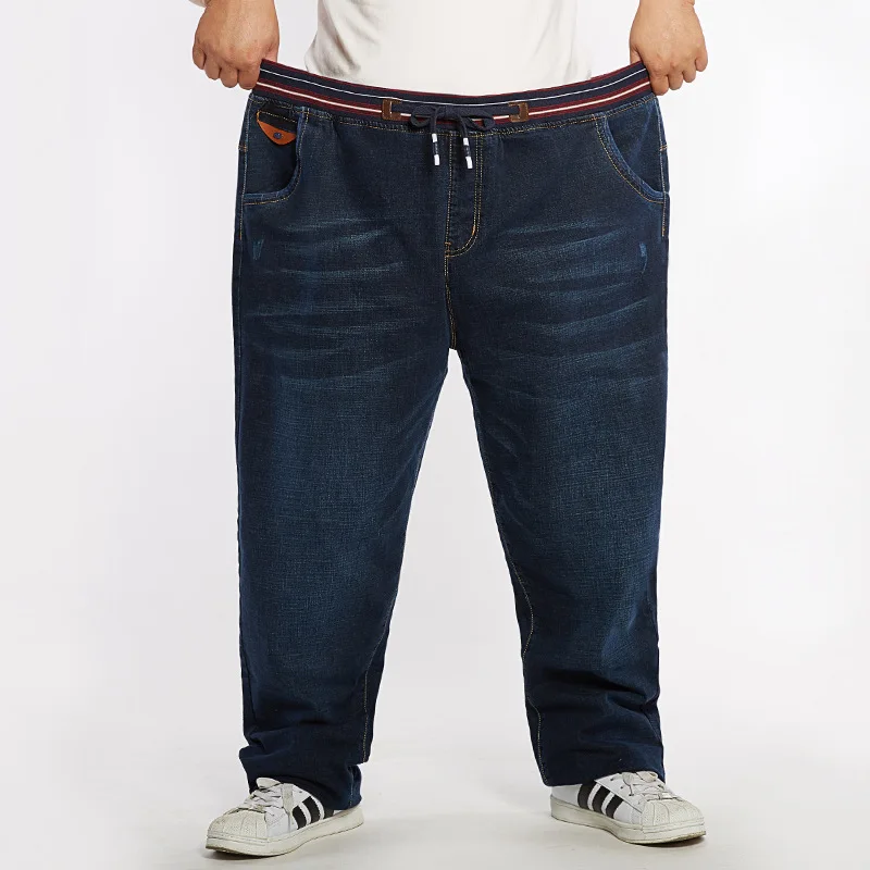 Men Elastic Waist Plus Size Full length Denim Pants Fashion Large Size ...