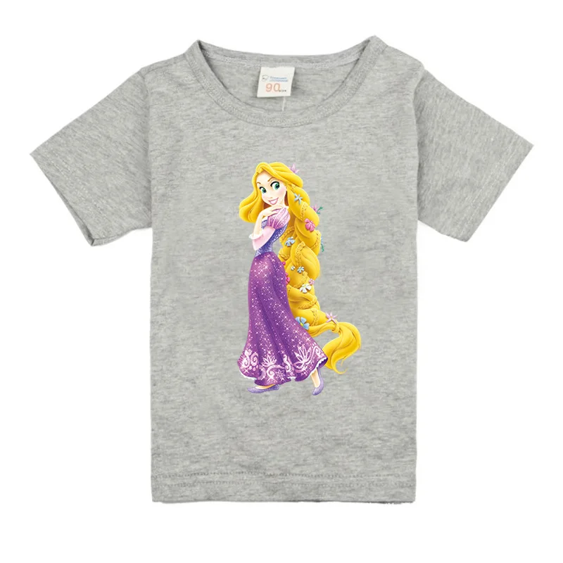 Новинка года; Детские футболки принцессы с короткими рукавами и длинными волосами; летняя хлопковая Футболка с принтом для девочек; топы; детская футболка - Цвет: gray