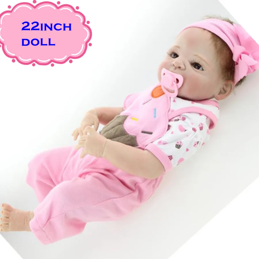22 zoll neue beliebte volle silikon reborn baby puppen sehr nette mädchen mit verwurzelt mohair bebe muneca brinquedo für kind schaufensterpuppe