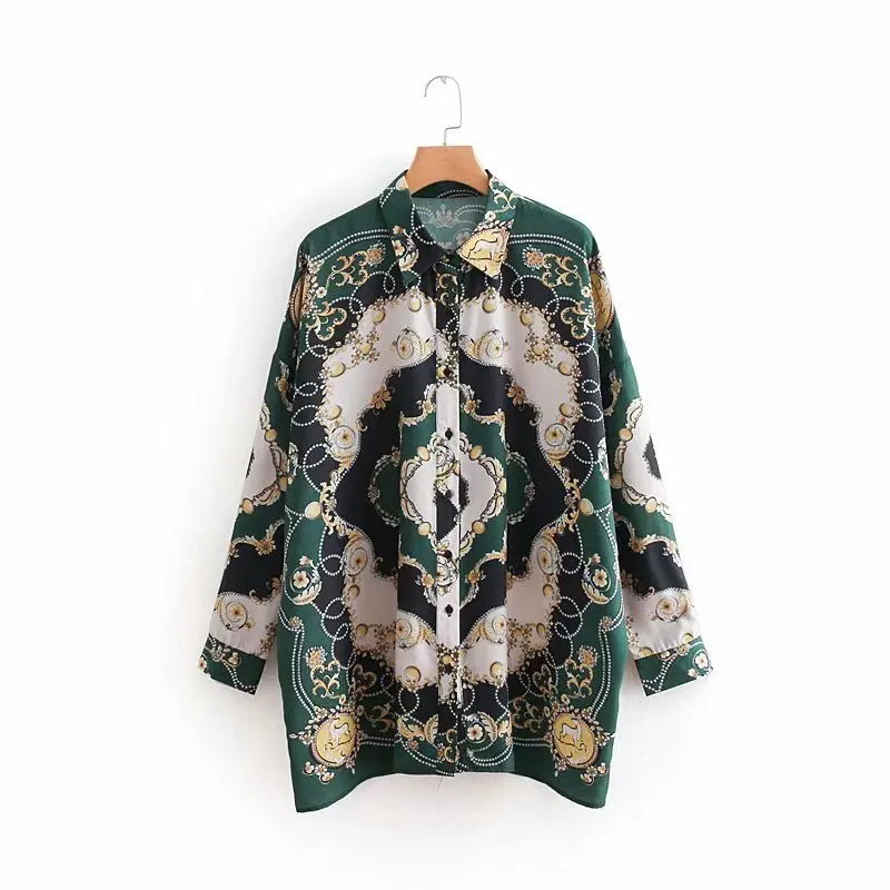 

2018 women vintage position chain totem flower print casual loose blouse casual shirt women femininas blusas chic tops LS2778