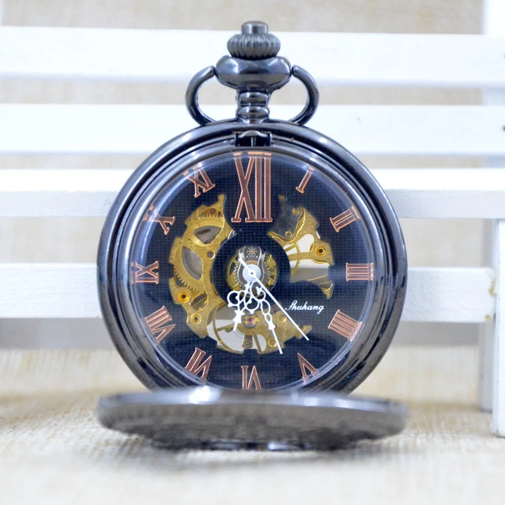 Черный цветок полые римские цифры Механический ручной взвод Скелет Механические карманные часы Для мужчин Для женщин часы на цепочке+ Подарочная коробка M013