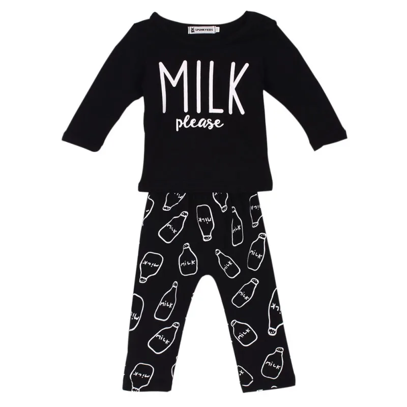 Newest Baby Girl Clothes Black Cotton Long Sleeved Letter Milk T shirt Pantsborn Baby Boy Clothing