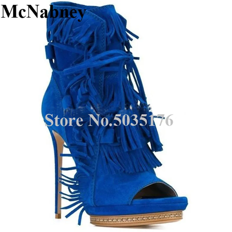 

2019 European Fashion Sexy Flock Solid Fringe Strap Peep Toe Stiletto Heel Short Boots Lace-Up Spring/Autumn Women Shoes