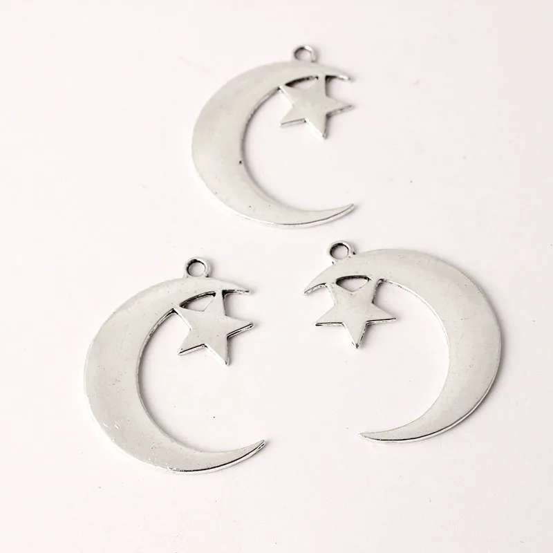 20PCS Tibetan Silver Celestial Moon Star Crescent Charms Pendants for Necklace Making Jewelry Findings 44x32mm