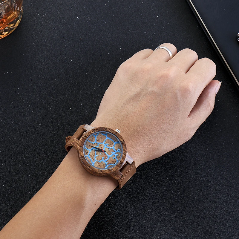 Fashion Wooden Watches Blue Sea Creative Cracked Face Design