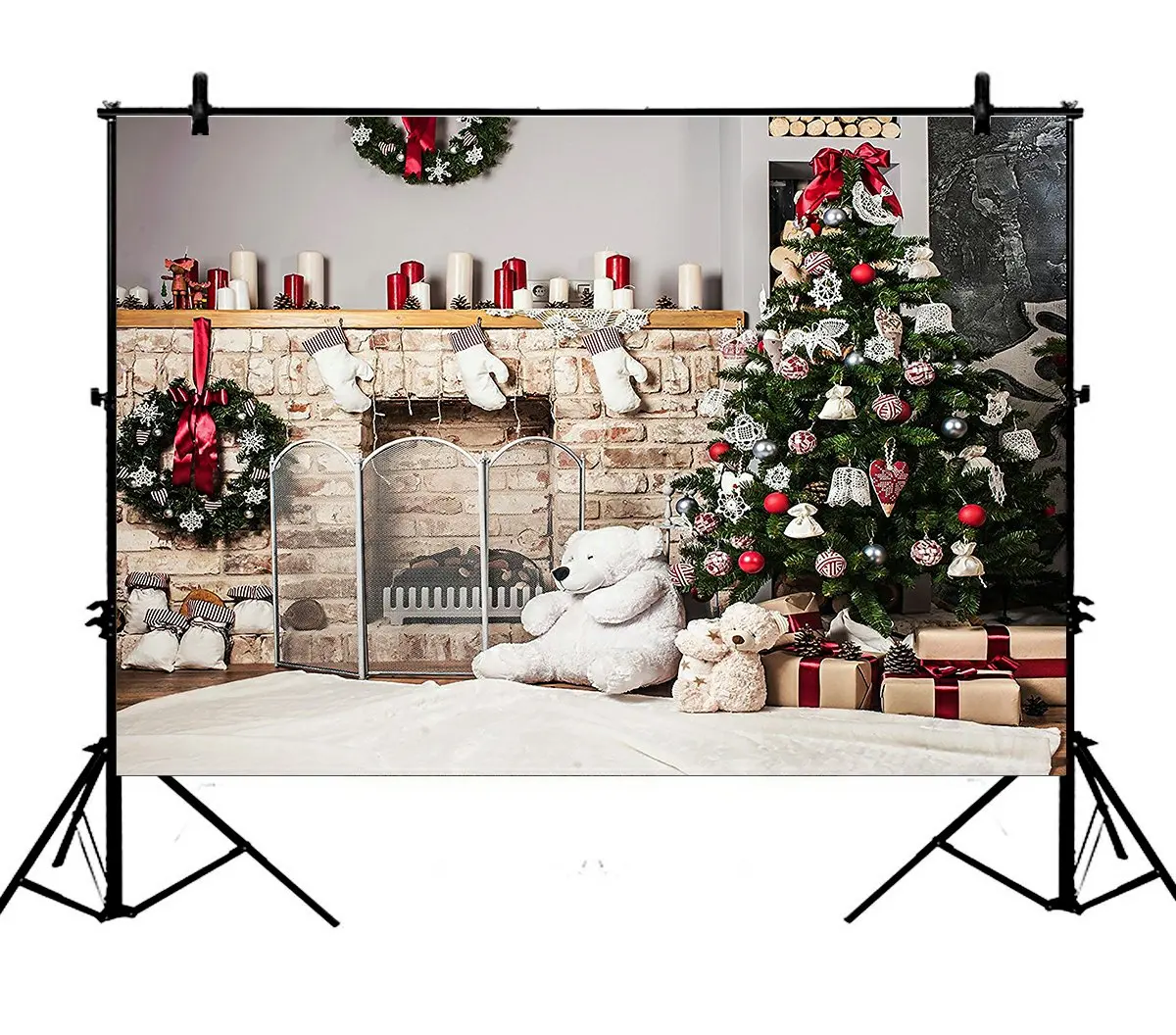 

5x7ft Bear Fireplace Christmas Tree Polyester Photo Background Portrait Backdrop