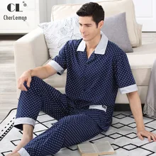CherLemon хлопок ночное Мужская в горошек темно синий короткий рукав кнопка спереди Пижамный костюм летние мужские пижамы с длинные брюки