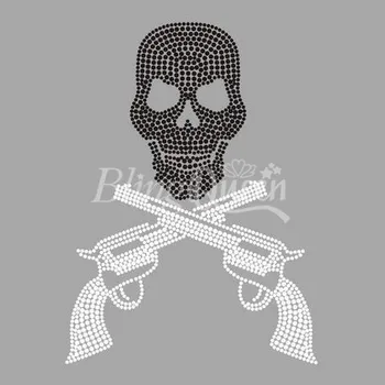 

25PCS/LOT BlinqQueen Hot Fix Iron On Rhinestud Motifs Skull with Gun Design