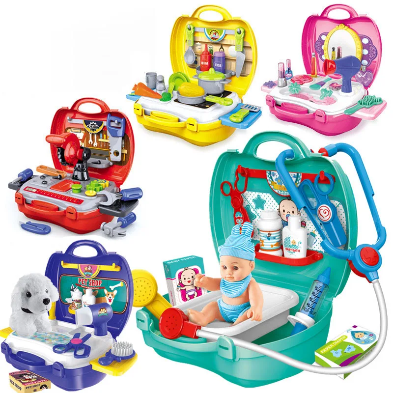 

22 Types Pretend Play Children Simulation Kitchen Cooking Tableware Dressing Cash Register Suitcase Doctor Kids Plastic Toys Set