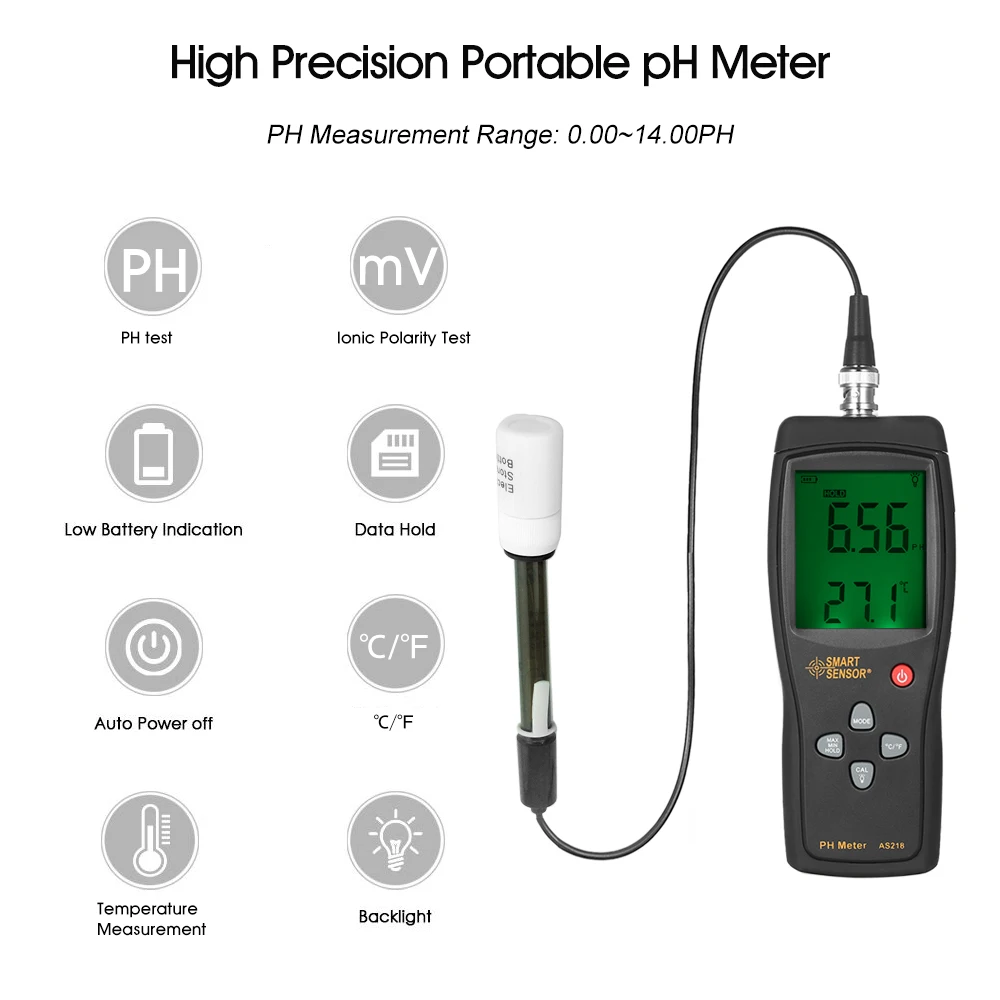 

Smart Sensor AS218 Aquarium pH Meter High Precision Acidimeter Drinking Water Quality Tester Analyzer Temperature Backlight