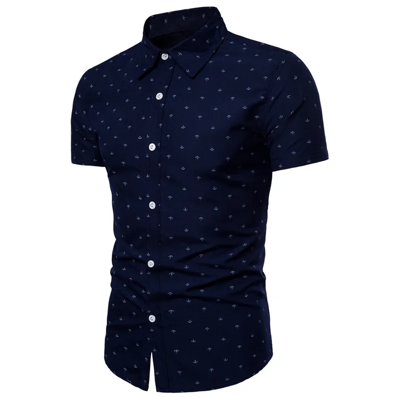 

2018 New men's brand summer breathable short-sleeved European yard anchor printing fashion casual Slim beach short-sleeved shirt
