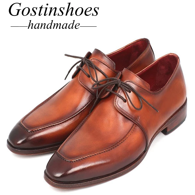 

GOSTINSHOES HANDMADE Men Office Shoes Formal Derby Shoes Men Genuine Leather Lace-Up Pointed Toe Brown Goodyear Welted SCT25