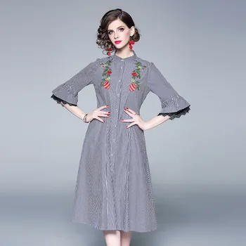 

Embroidery Lace Patchwork Mid Long Dresses European Spring 2020 New Fashion Vintage Striped Elegant Dress Women Clothes QH030
