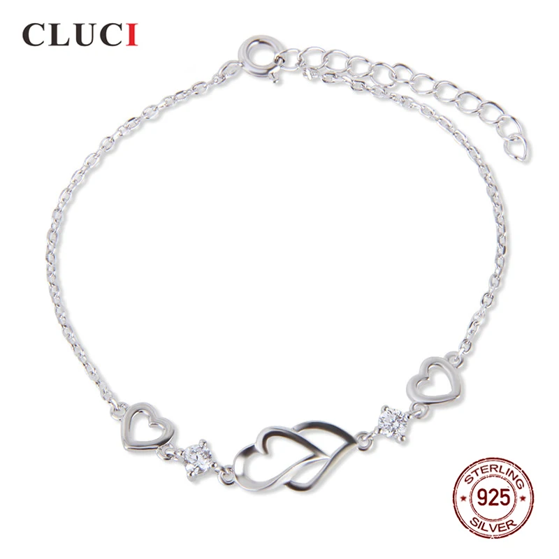 

CLUCI 925 Sterling Silver Double Love Heart Bracelet for Women Simple Adjustable Length Bracelet Jewelry
