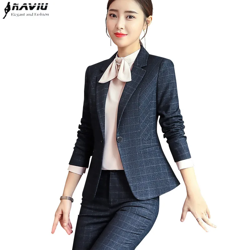

New Fashion plaid pants suit women temperament business Interview long sleeve blazer and pant office ladies plus size work wear