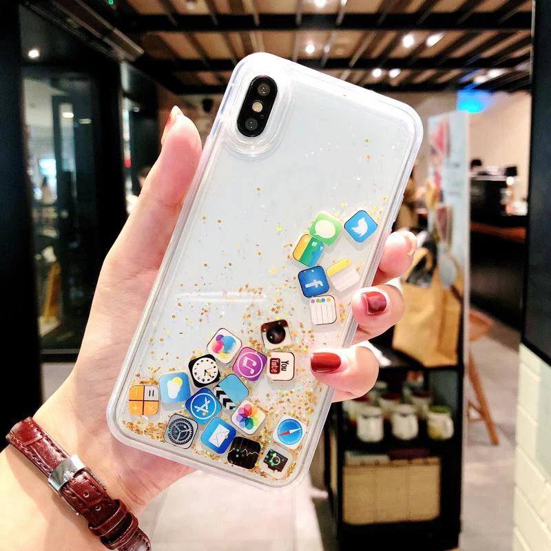 

For iPhone X XS MAX XR Quicksand Glitter Case Back Cover Soft Protective Phone Capinha Protector With APP Icon For 6 6s 7 8 Plus
